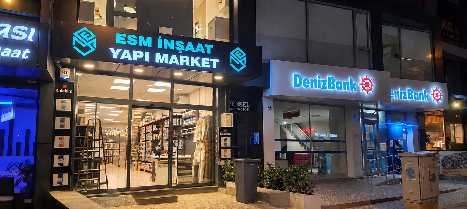 ESM İnşaat Yapı Market gece dış cephe ve mağaza vitrini